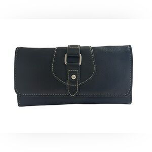 NWT Black Buckle Embellished Pebbled Trifold Checkbook Wallet